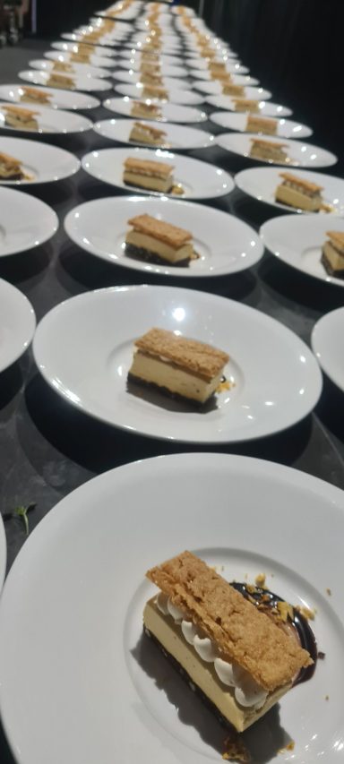 Caramelised white chocolate parfait, brownie base