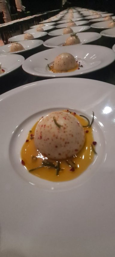 Mango mousse and passionfruit gel